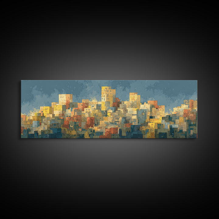 Sunlit Abstract City Skyline Wall Art, Blue And Yellow Urban Print, Midcentury Modern Decor, Living Room Office Art Decor
