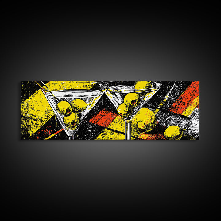 Bold Martini Glasses And Olives Wall Art, Retro Modern Cocktail Bar Decor, Yellow Black MCM Kitchen Poster Print For Lounge Decor