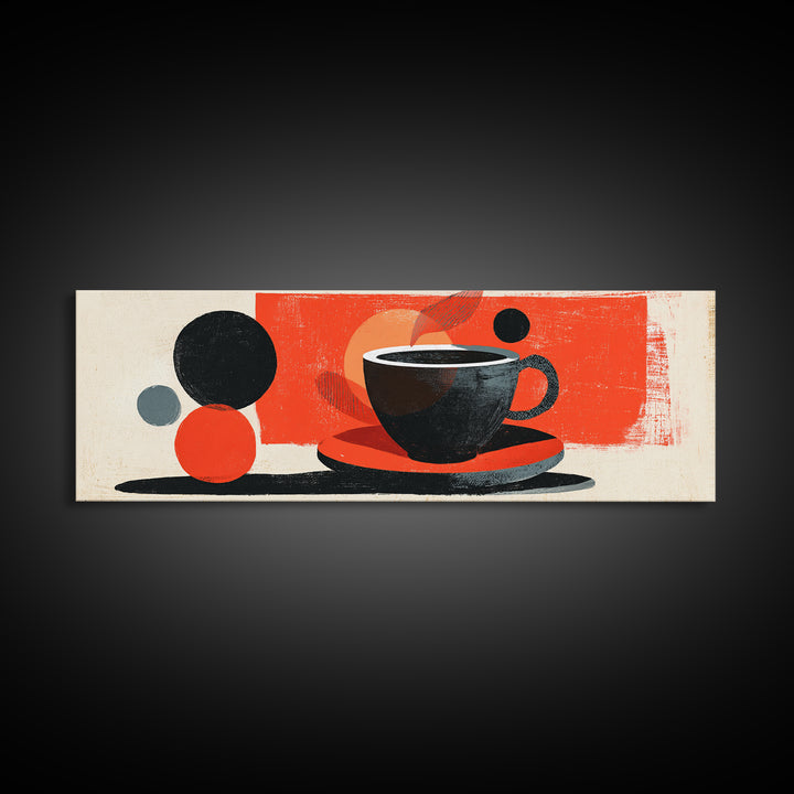 Minimal Black Coffee Cup With Red Circles Wall Art, Bauhaus Modern Kitchen Decor, Midcentury Abstract Cafe Poster Print Gift