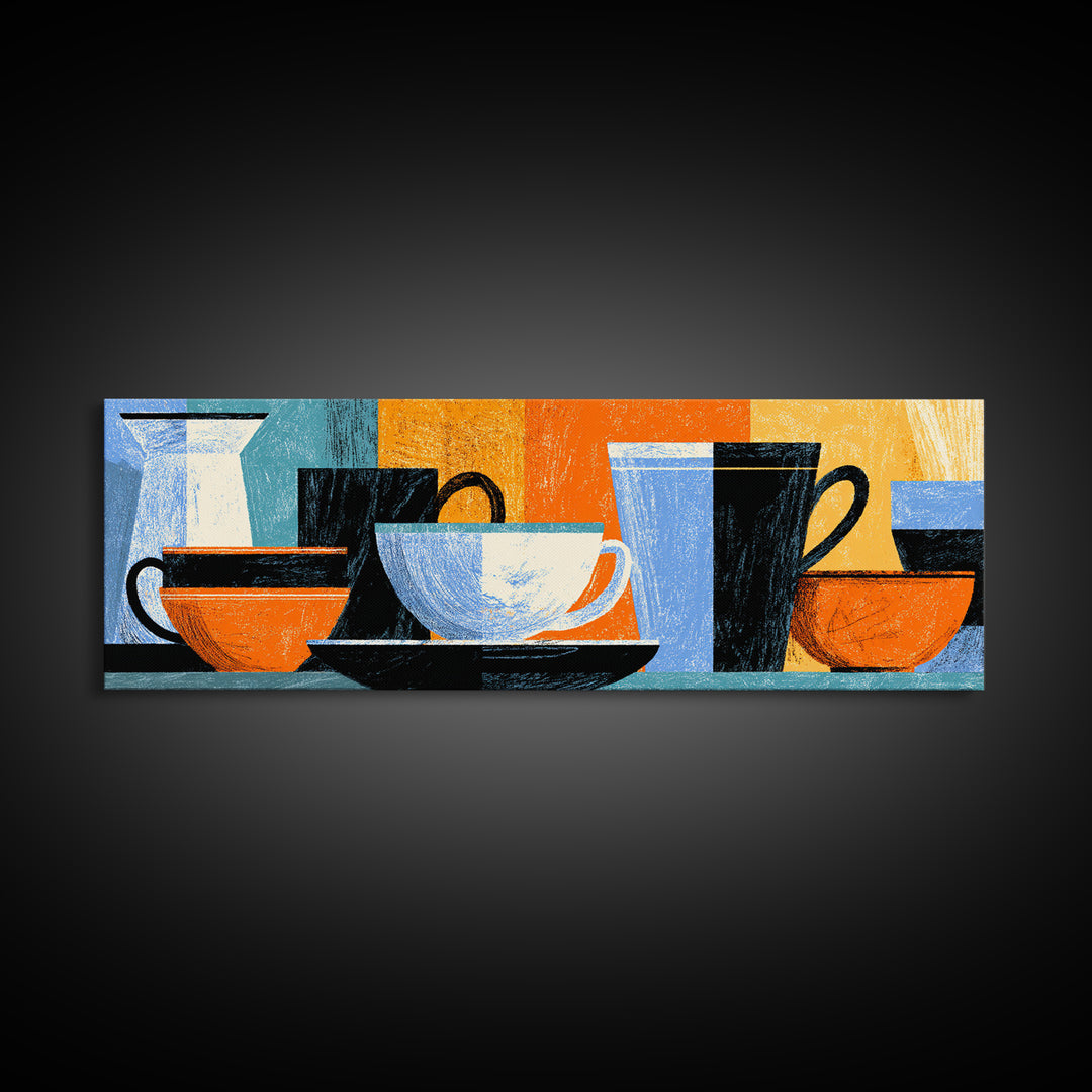 Modern Coffee Cups And Bowls Framed Canvas Print, Retro Kitchen Wall Decor, Midcentury Geometric Cafe Art For Dining Room