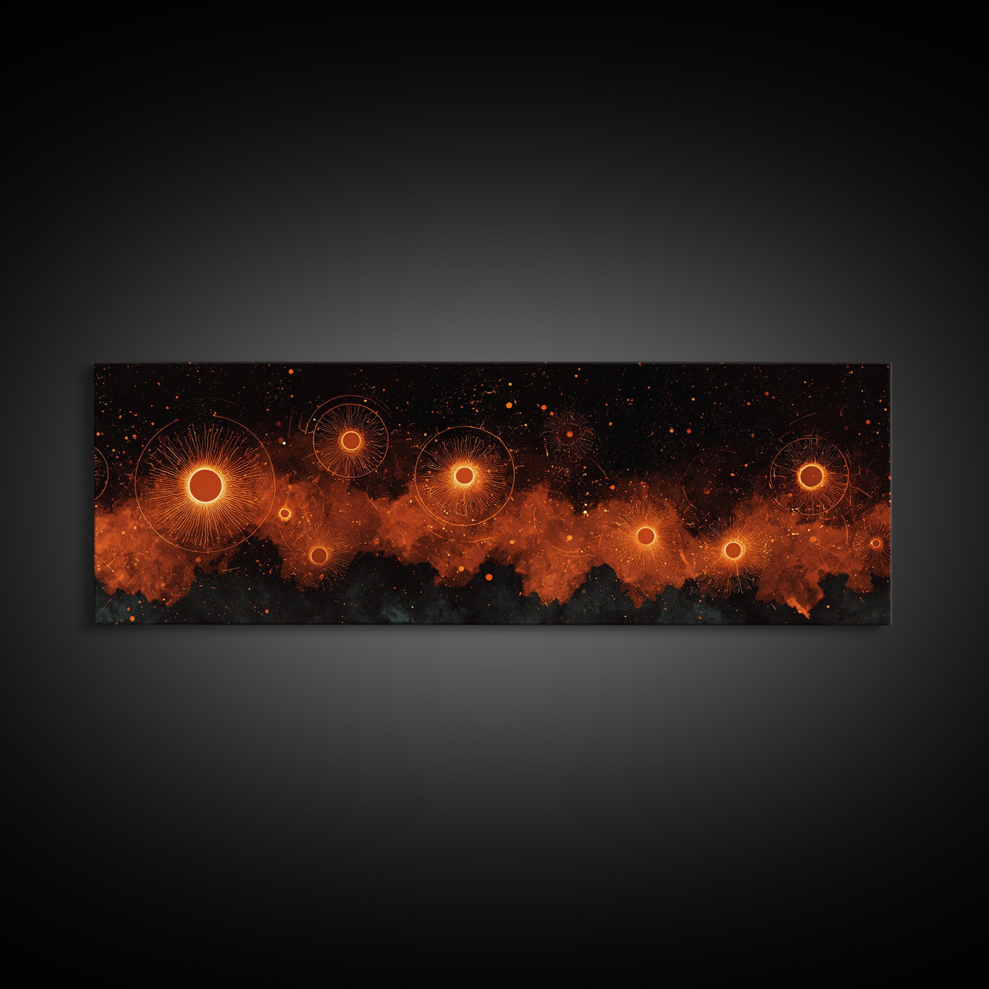 Glowing Orange Cosmic Suns Canvas Print, Space Abstract Wall Art, Modern Retro Poster, Moody Bedroom Office Decor Artwork