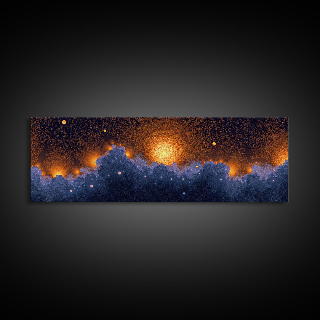 Golden Sun Over Blue Forest Wall Art, Cosmic Nature Canvas Print, Modern Abstract Poster, Moody Bedroom Office Decor Artwork