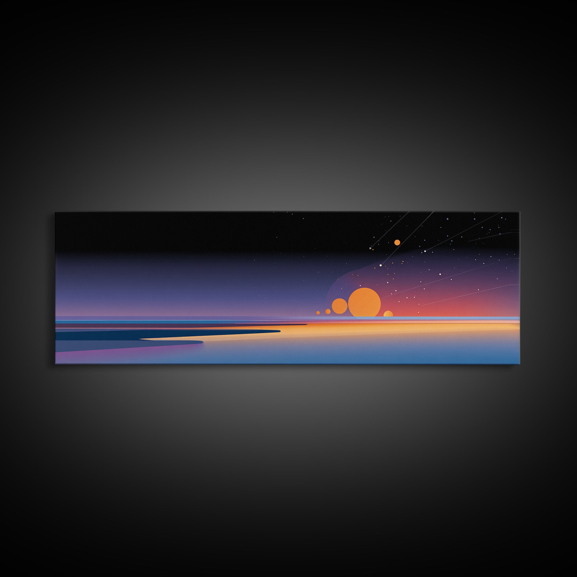 Minimalist Horizon With Orange Planets Wall Art, Retro Futuristic Canvas Print, Modern Space Poster, Office Bedroom Decor