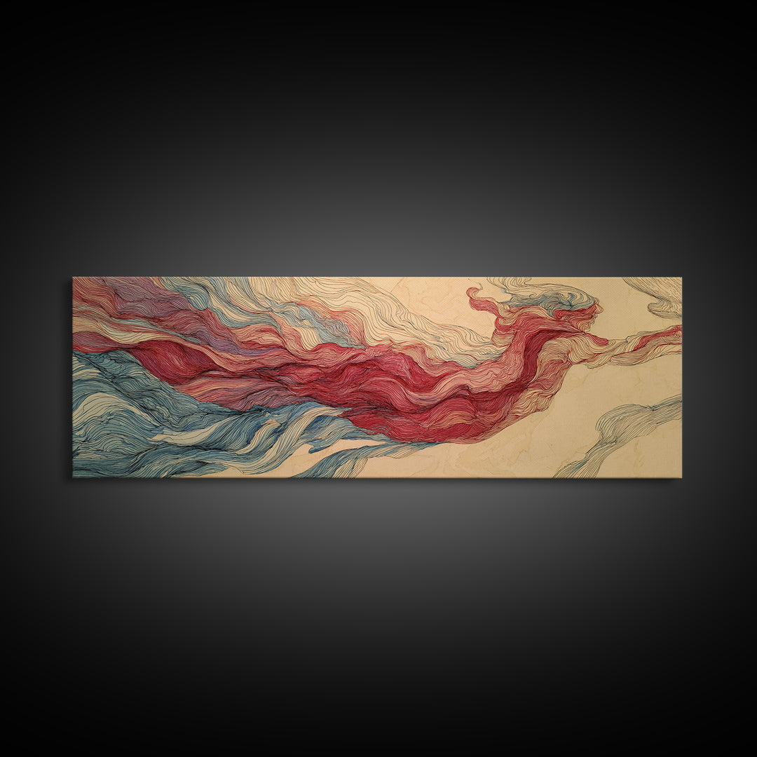 Red Blue Topographic Abstract Landscape Wall Art, Modern Canvas Print, Geometric Line Poster, Contemporary Office Decor Artwork