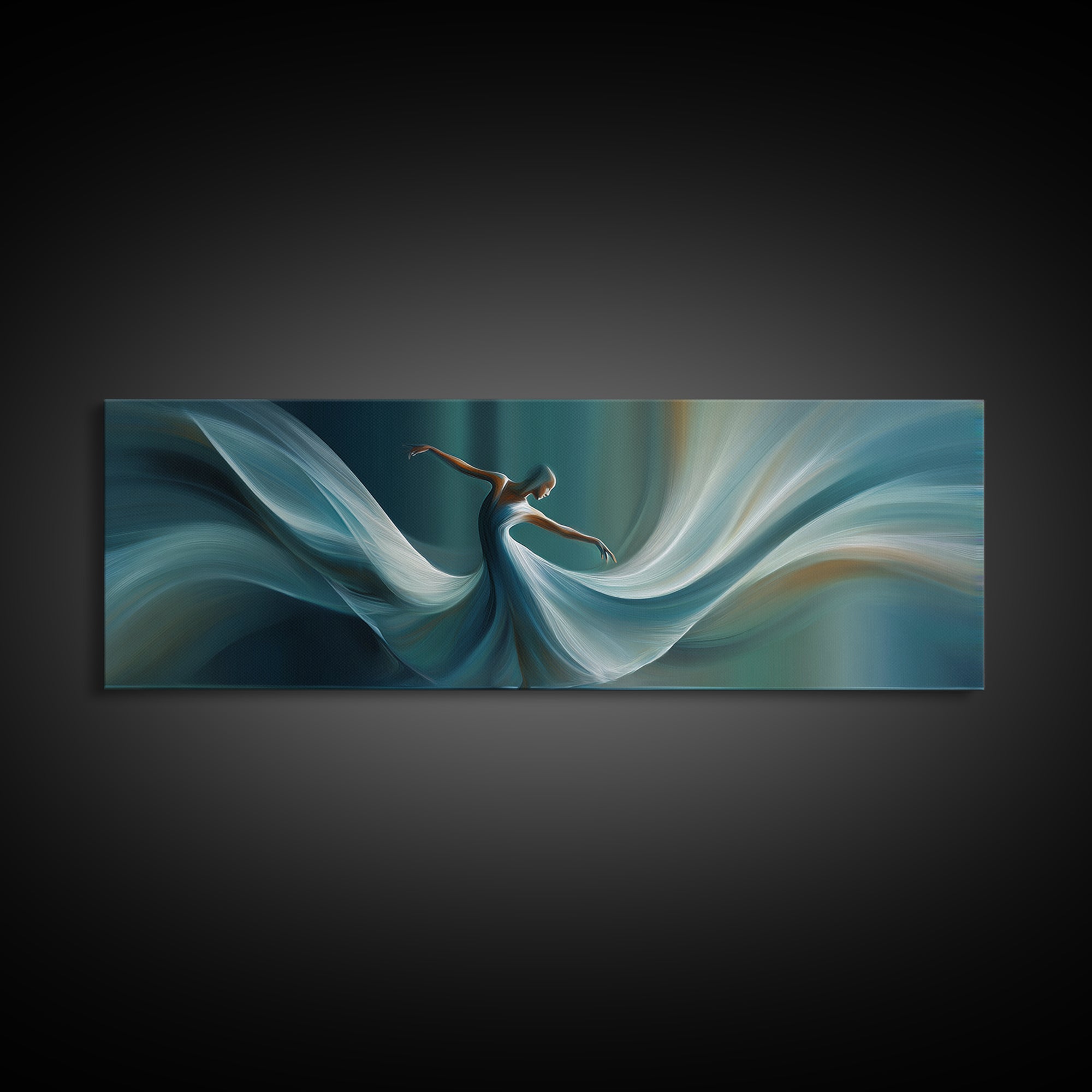 Graceful Dancer In Flowing Teal Dress Canvas Print, Elegant Modern Wall Art, Figurative Movement Poster, Bedroom Decor Gift