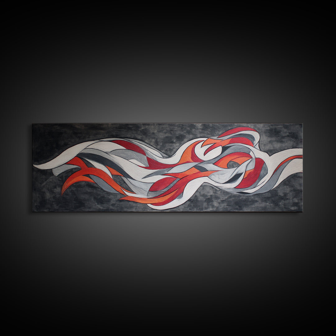 Flowing Red White Silver Ribbons Wall Art, Abstract Midcentury Modern Canvas Print, Retro Mcm Decor, Large Horizontal Art