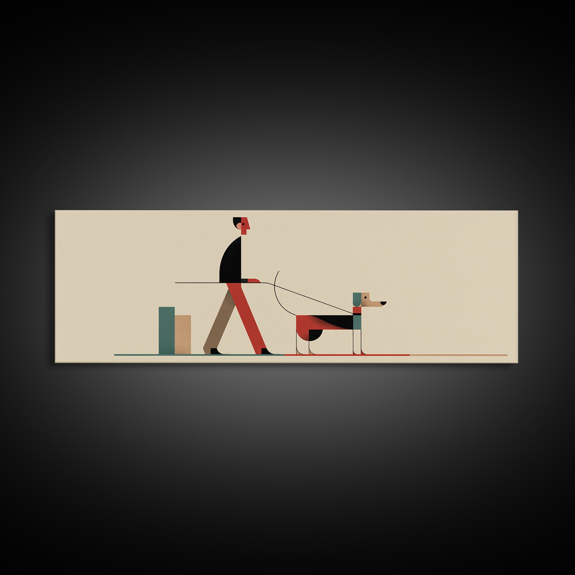 Minimal Man Walking Dog Framed Canvas Print, Mid Century Modern Art, Scandinavian Modern Wall Decor, Geometric Home Decor