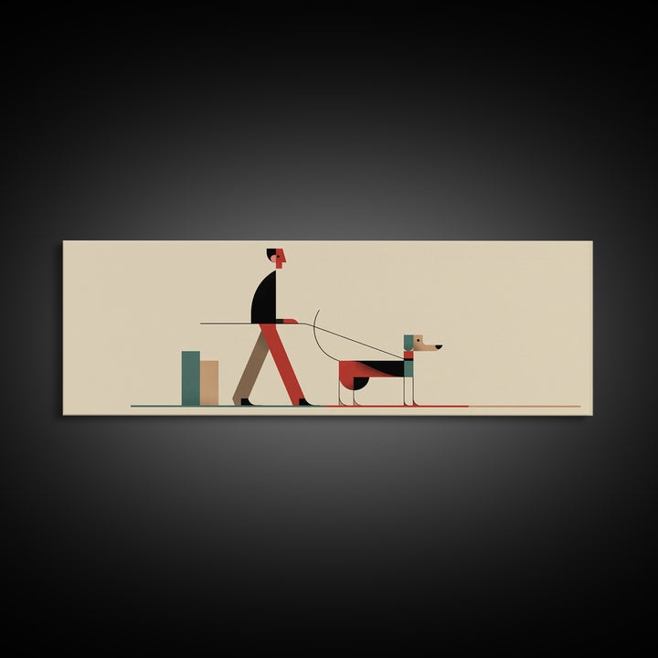 Minimal Man Walking Dog Framed Canvas Print, Mid Century Modern Art, Scandinavian Modern Wall Decor, Geometric Home Decor