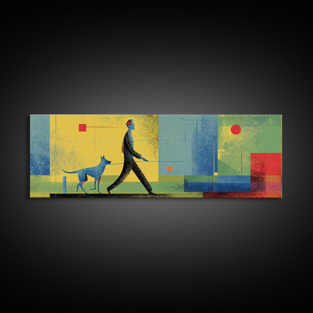 Textured Blue Dog Walker Wall Art, Mid Century Modern Canvas, Colorful Geometric Poster, Retro Abstract Living Room Decor