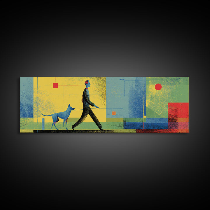 Textured Blue Dog Walker Wall Art, Mid Century Modern Canvas, Colorful Geometric Poster, Retro Abstract Living Room Decor