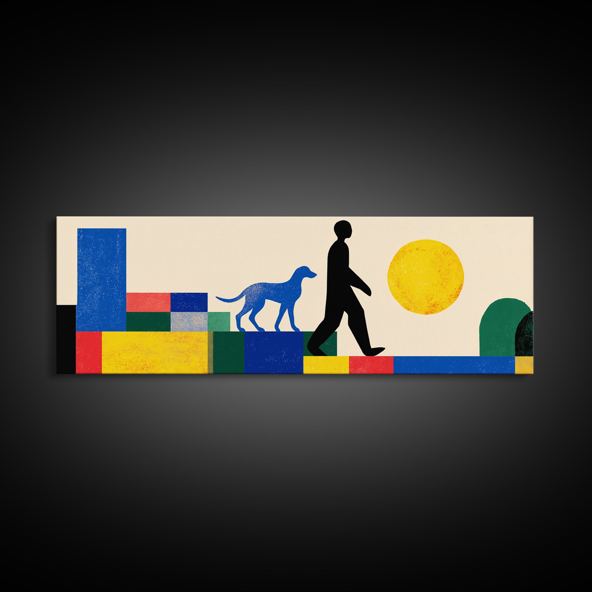 Sunny Geometric Dog Walker Wall Art, Mid Century Modern Canvas Print, Bold Primary Color Decor, Retro MCM Living Room Art
