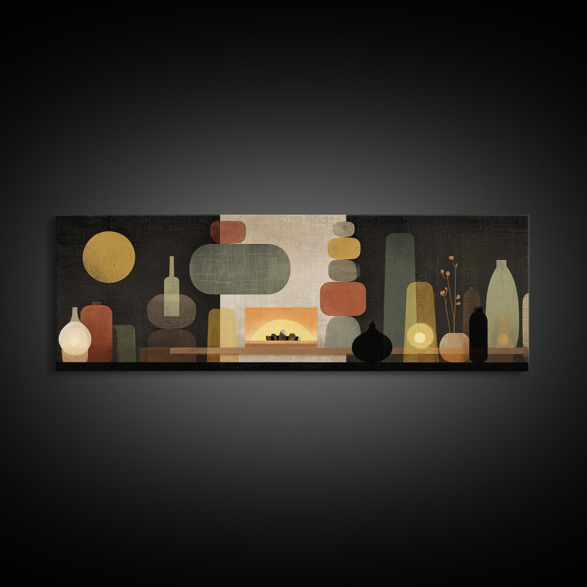 Glowing Fireplace Vessels Canvas Print, Midcentury Modern Wall Decor, Retro Abstract Art For Living Room, Office Decor, And Home Decor