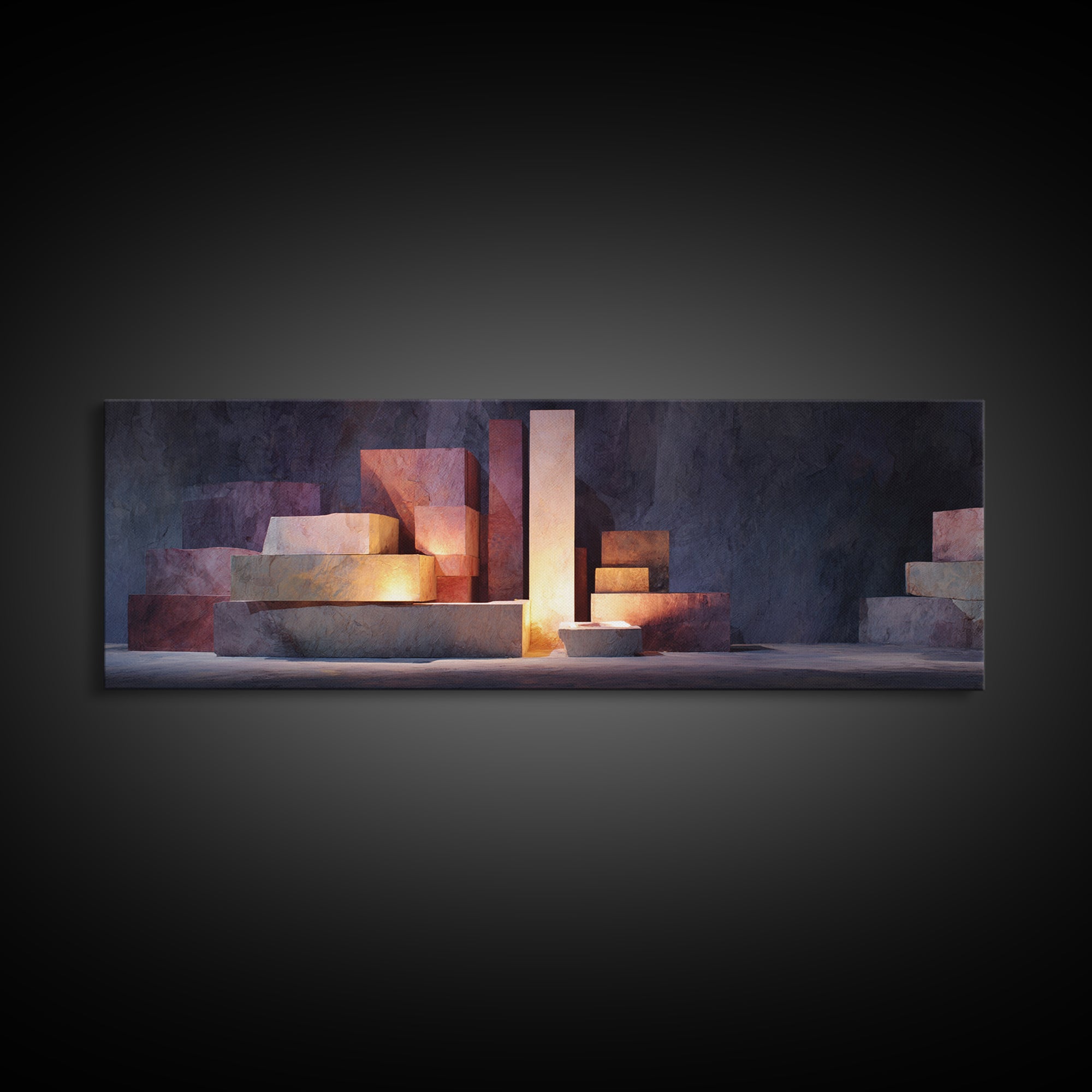 Illuminated Geometric Blocks Framed Canvas Print, Midcentury Modern Abstract Art, MCM Wall Decor For Office And Home Decor