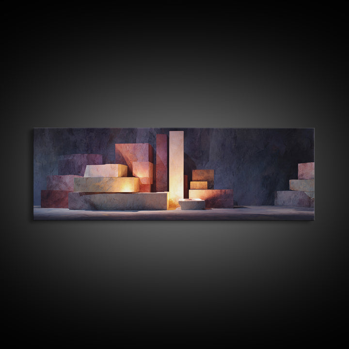 Illuminated Geometric Blocks Framed Canvas Print, Midcentury Modern Abstract Art, MCM Wall Decor For Office And Home Decor