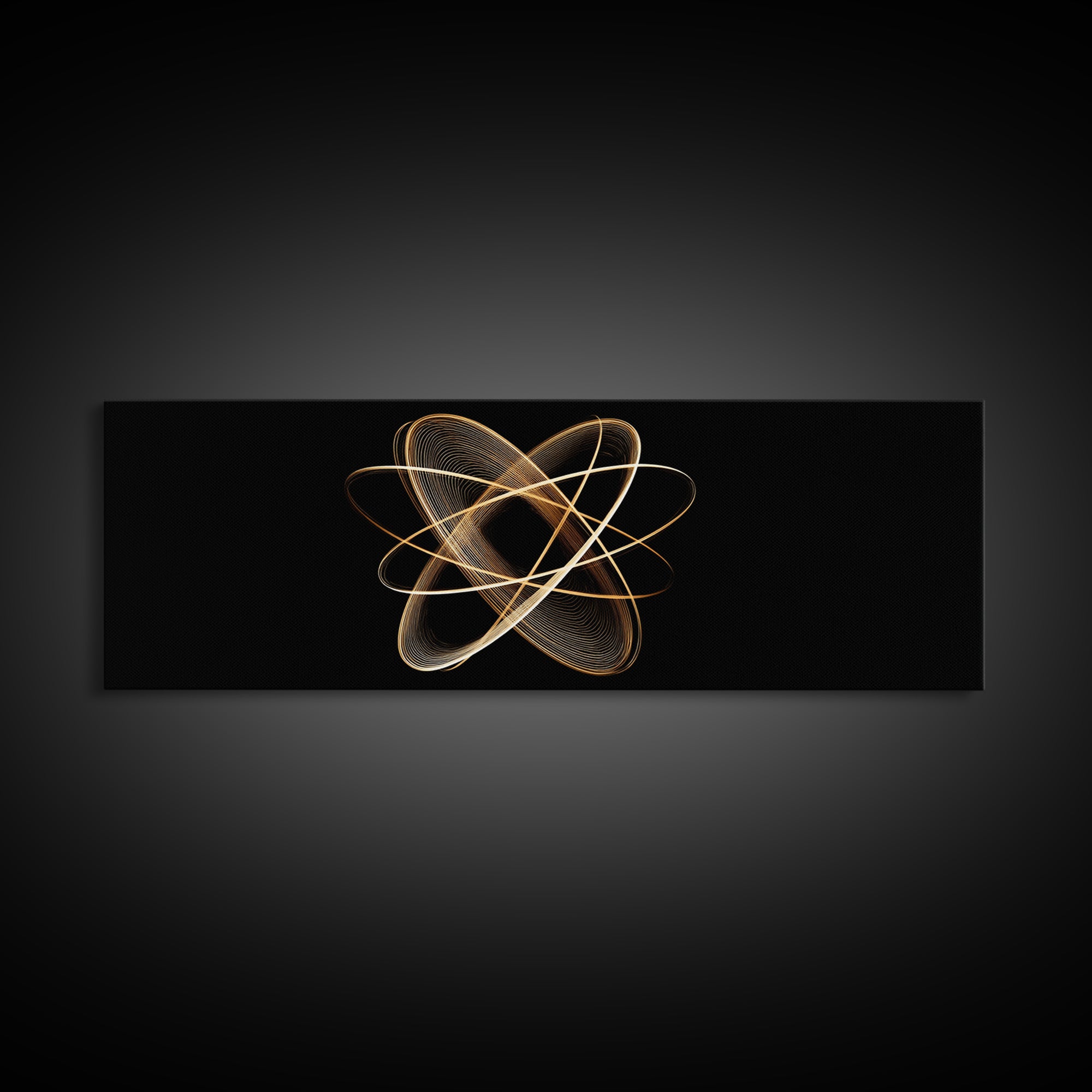 Gold Atomic Orbit Abstract Framed Canvas Print, Midcentury Modern Wall Art, Space Abstract Art, Retro Office Decor, Black Gold Decor