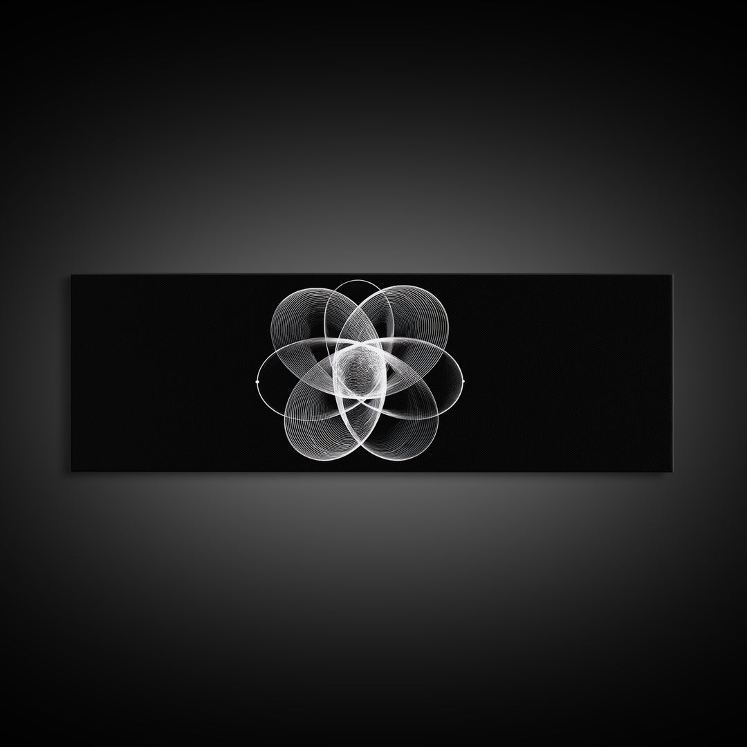 White Orbital Flower Abstract Wall Art, Modern Geometric Canvas, Black And White Midcentury Decor, Office Statement Print