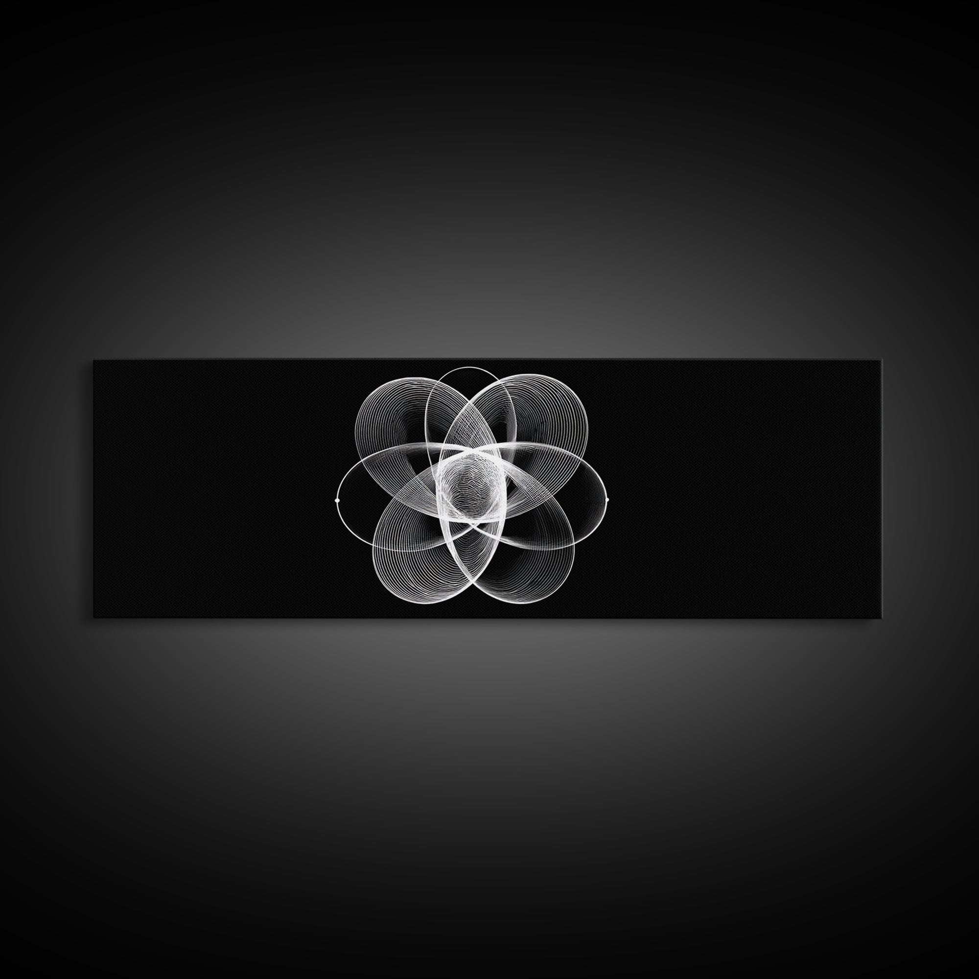 White Orbital Flower Abstract Wall Art, Modern Geometric Canvas, Black And White Midcentury Decor, Office Statement Print