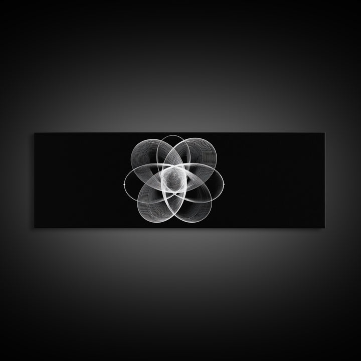 White Orbital Flower Abstract Wall Art, Modern Geometric Canvas, Black And White Midcentury Decor, Office Statement Print