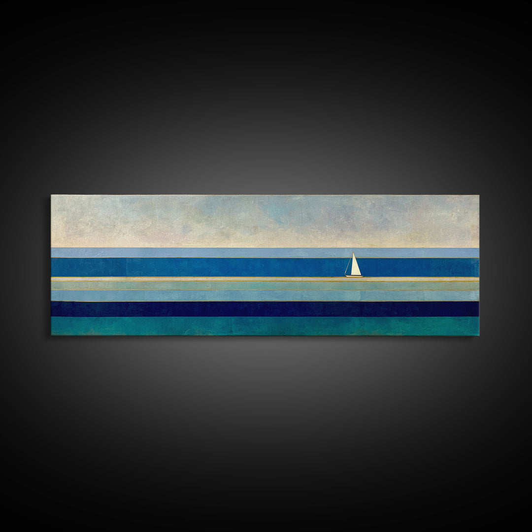 Minimal Sailboat Seascape Wall Art, Midcentury Modern Coastal Print, Blue Nautical Living Room Decor, Ocean Canvas Art Print