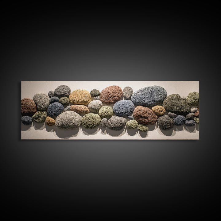 Neutral Pebble Stone Cluster Framed Canvas Print, Organic Abstract Wall Art, Modern Home Decor, Earth Tone Texture Poster