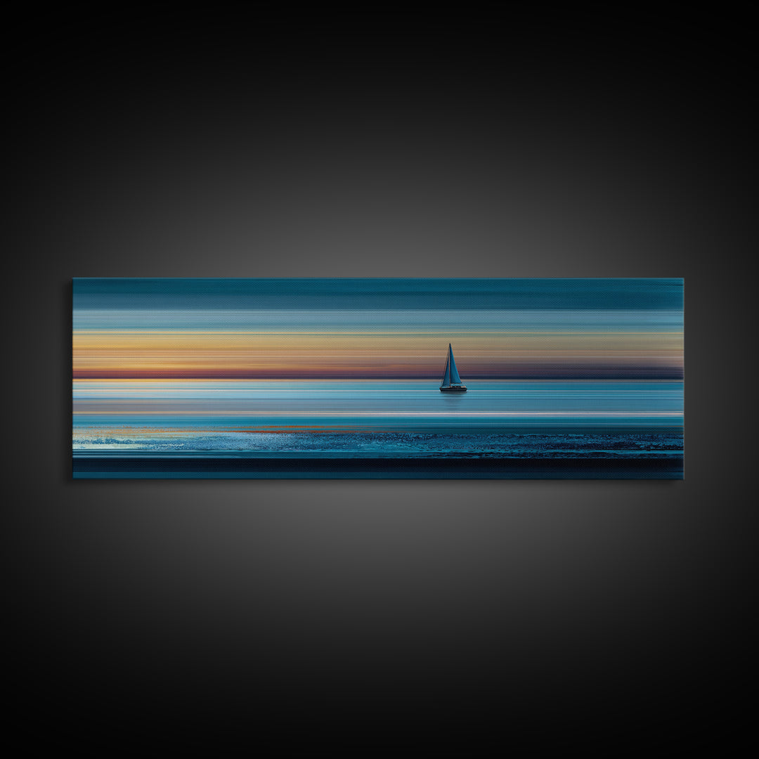 Lone Sailboat At Teal Sunset Seascape Wall Art, Panoramic Ocean Canvas, Coastal Living Room Decor, Modern Blue Art Print