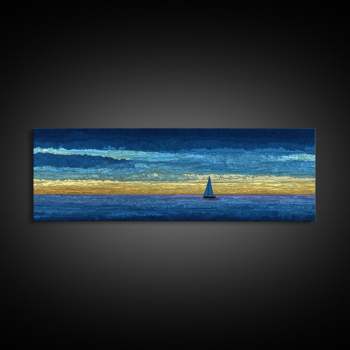 Tiny Sailboat On Golden Blue Horizon Canvas Print, Panoramic Seascape Wall Decor, Coastal Modern Art For Living Room Decor