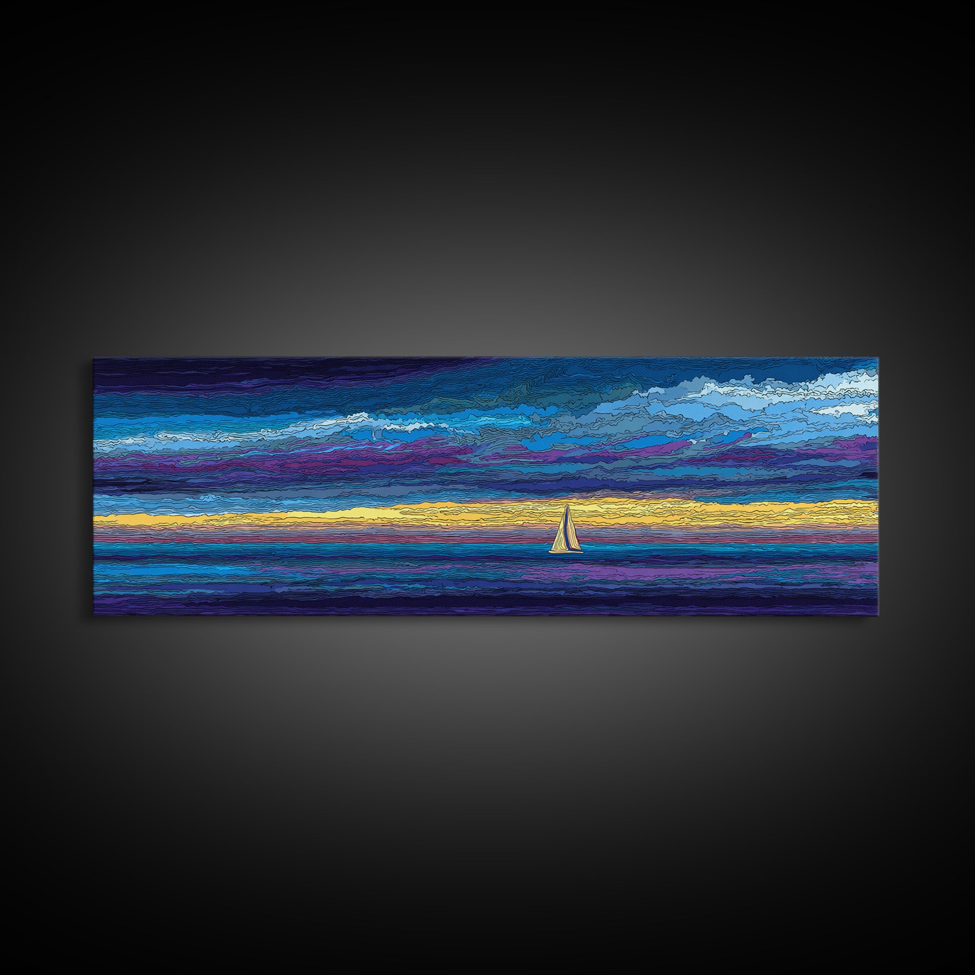 White Sailboat Under Stormy Purple Sky Framed Canvas Print, Panoramic Ocean Wall Art, Coastal Decor, Modern Blue Seascape