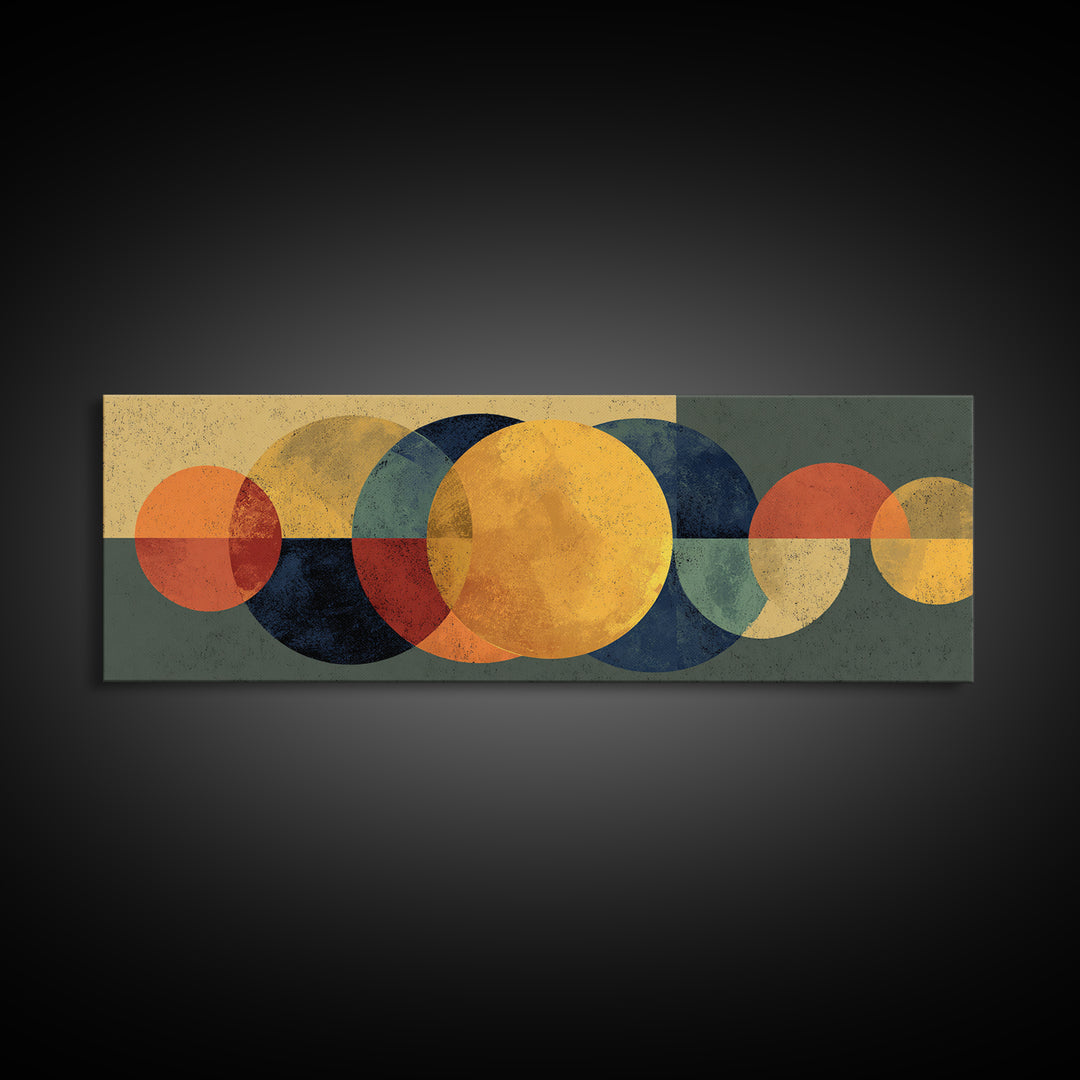 Golden Sun And Navy Circle Abstract Canvas Print, Midcentury Modern Wall Art, Geometric Living Room Decor, Retro MCM Poster
