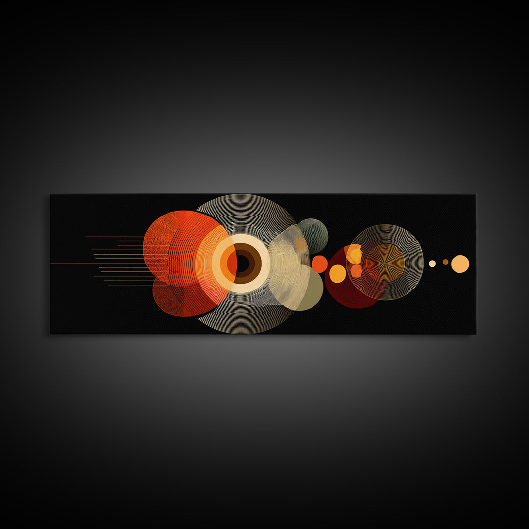 Orange Optical Circles On Black Wall Art, Midcentury Modern Geometric Canvas Print, Atomic Abstract Retro Home Decor Poster