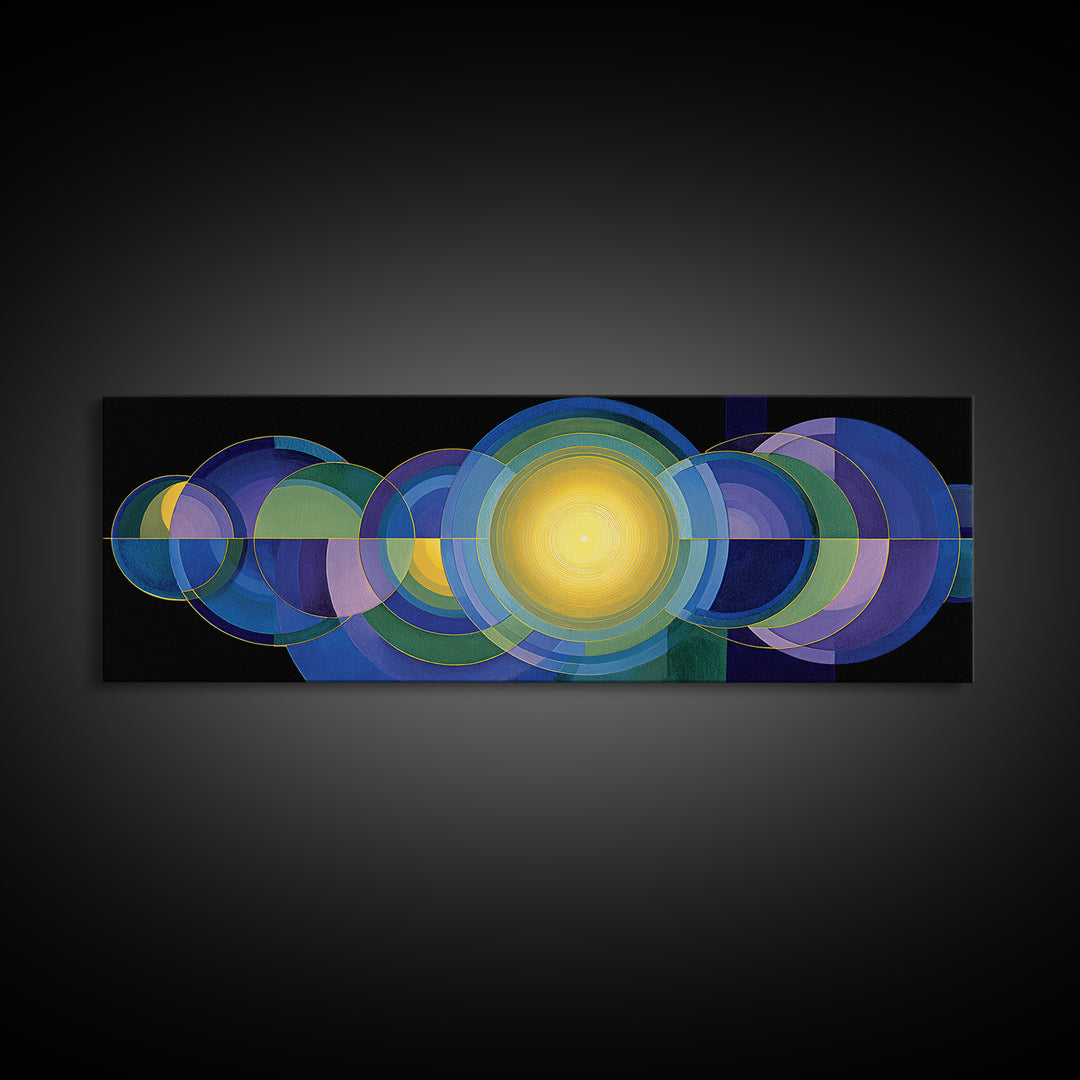 Radiant Yellow Center With Blue Green Circles Wall Art, Midcentury Modern Canvas Print, Geometric Abstract Statement Decor