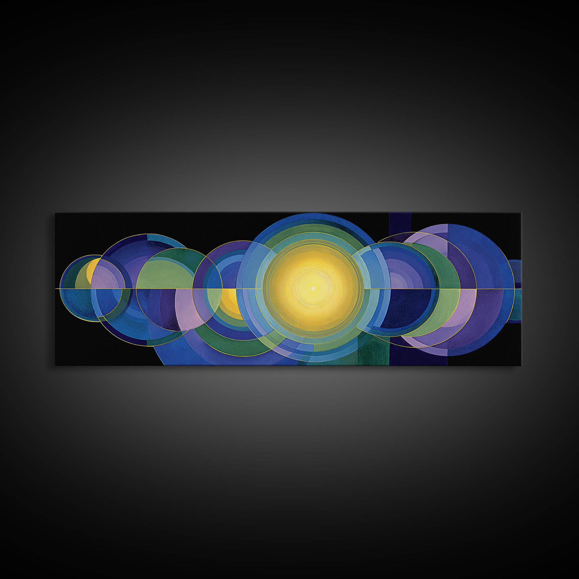 Radiant Yellow Center With Blue Green Circles Wall Art, Midcentury Modern Canvas Print, Geometric Abstract Statement Decor