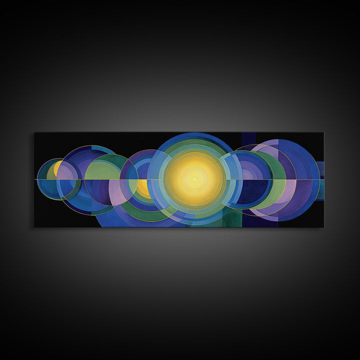Radiant Yellow Center With Blue Green Circles Wall Art, Midcentury Modern Canvas Print, Geometric Abstract Statement Decor