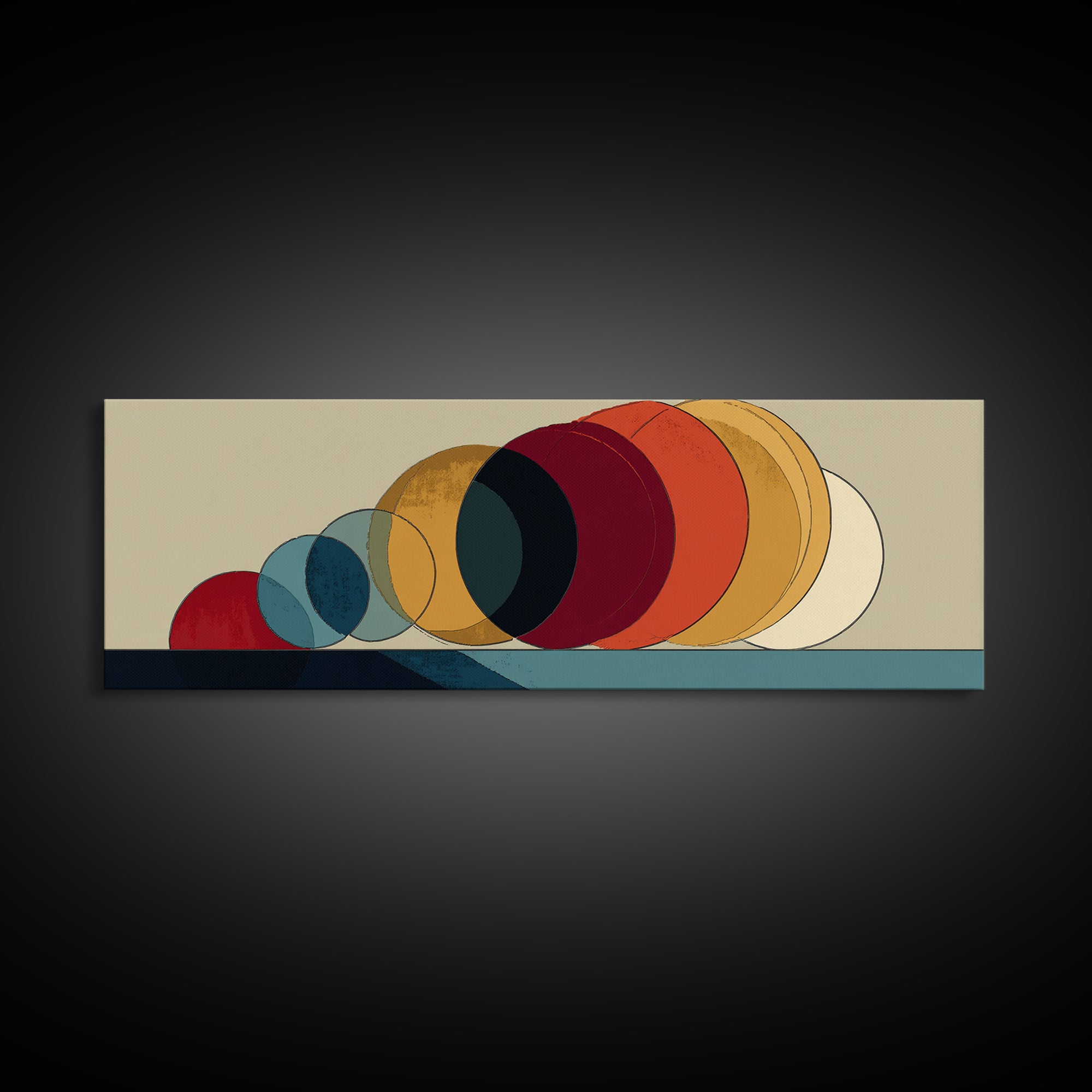 Overlapping Retro Circles In Ochre Red Blue And Cream Canvas Print, Midcentury Modern Art Print, Bauhaus MCM Wall Decor Poster