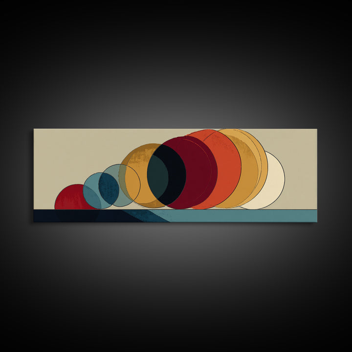 Overlapping Retro Circles In Ochre Red Blue And Cream Canvas Print, Midcentury Modern Art Print, Bauhaus MCM Wall Decor Poster