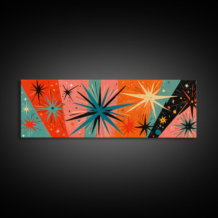 Orange Teal Atomic Starbursts On Coral And Black Canvas Print, Midcentury Modern Wall Art, Retro 50s 60s Home Decor Poster