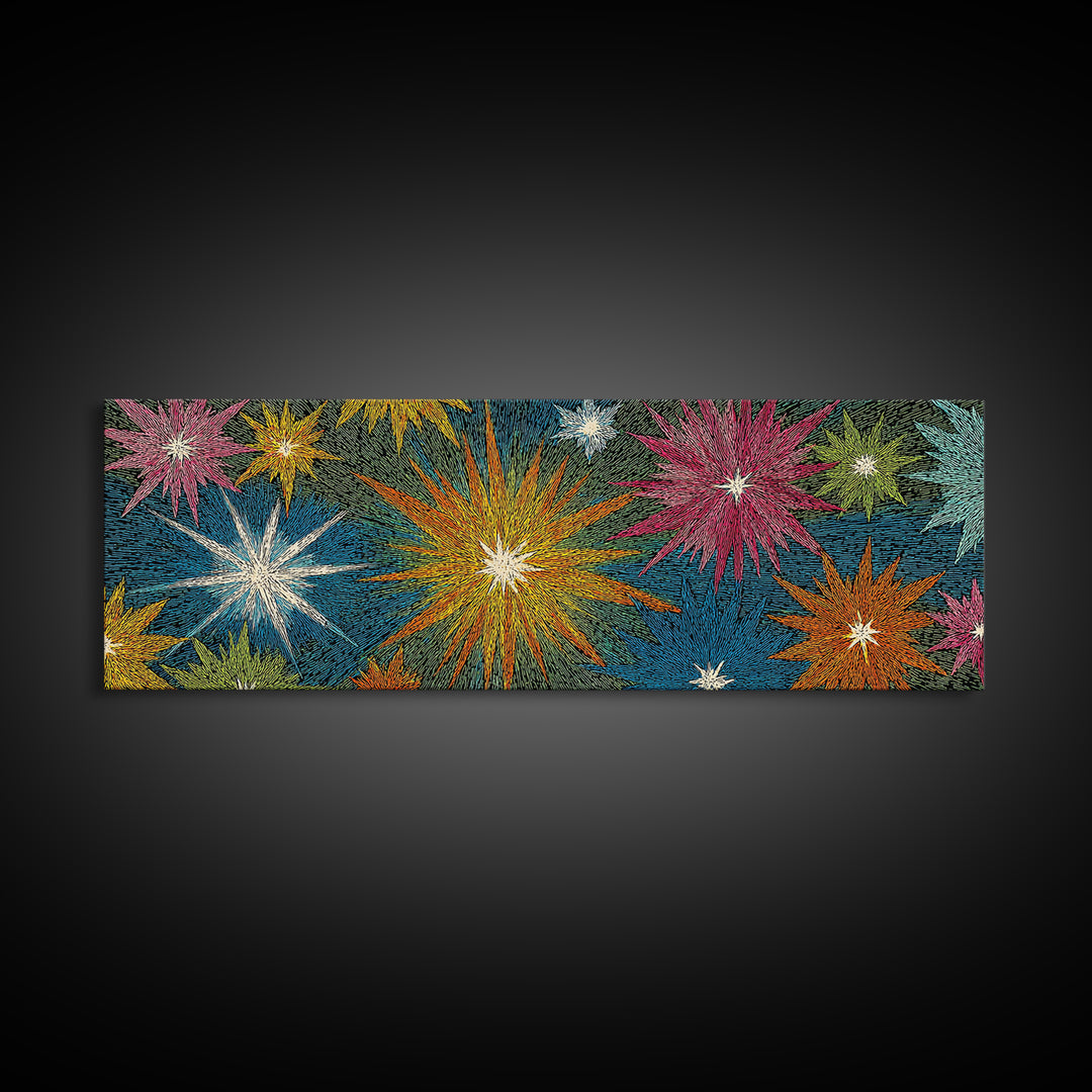 Scratchy Neon Fireworks In Pink Yellow Blue And Green Wall Art, Retro Atomic Starburst Print, Midcentury Modern Home Decor