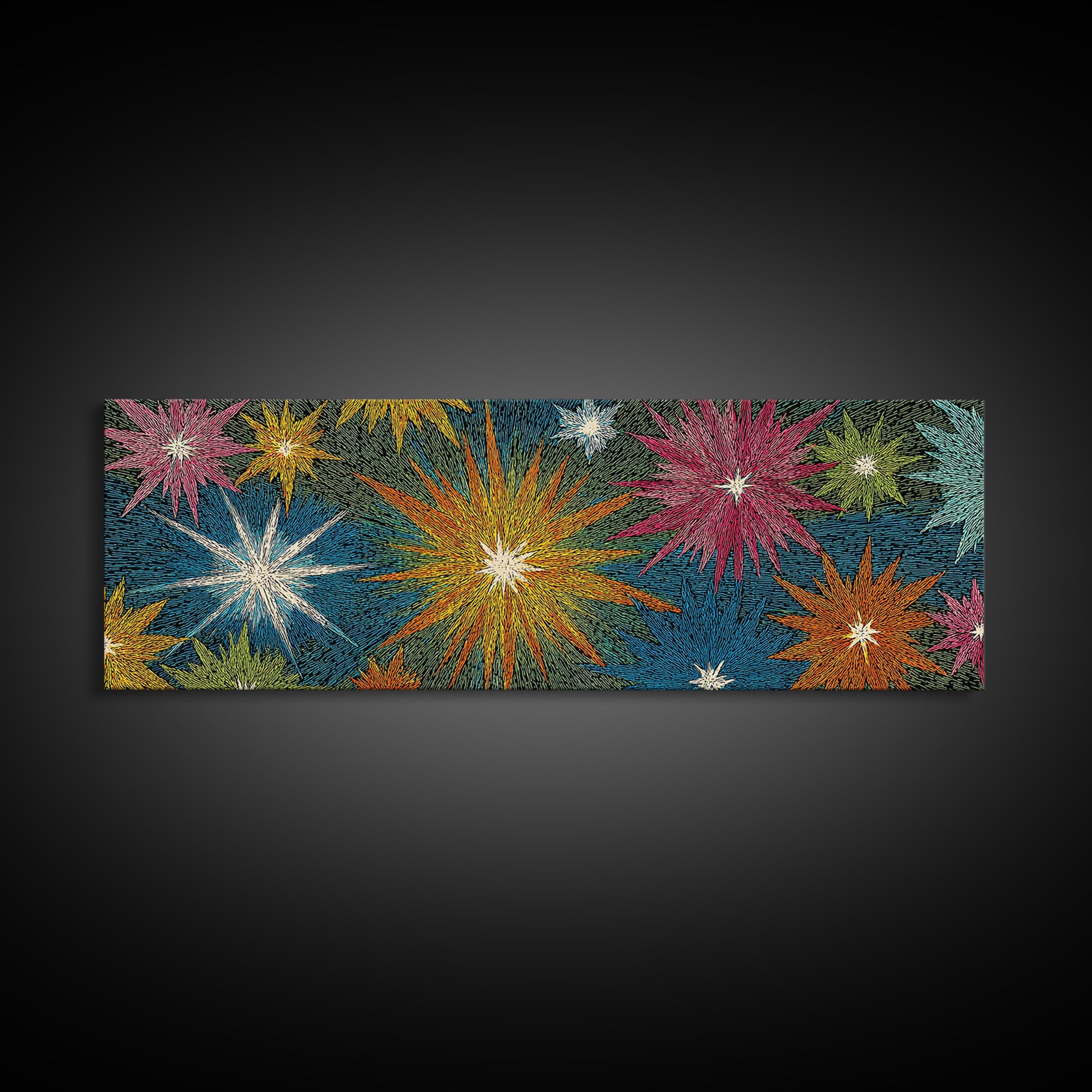 Scratchy Neon Fireworks In Pink Yellow Blue And Green Wall Art, Retro Atomic Starburst Print, Midcentury Modern Home Decor