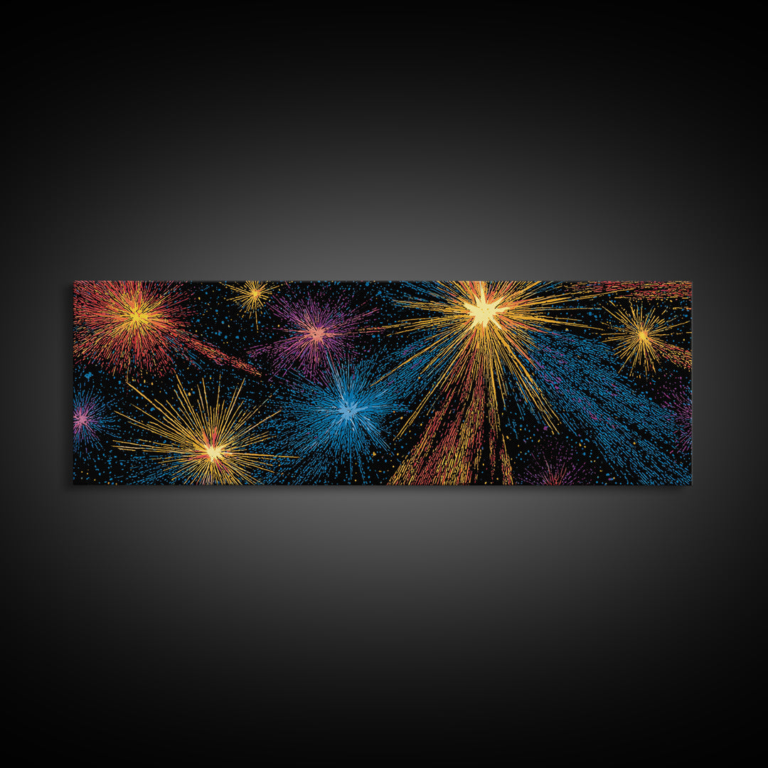 Dark Cosmic Fireworks With Blue Orange Purple And Gold Canvas Print, Retro Space Abstract Wall Art, Midcentury Modern Decor