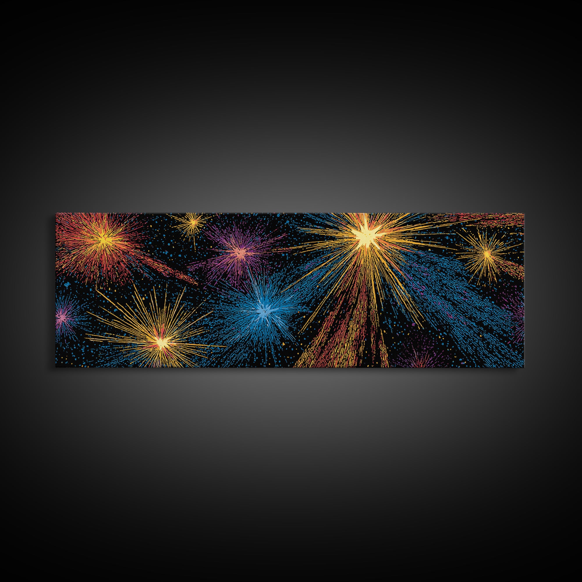 Dark Cosmic Fireworks With Blue Orange Purple And Gold Canvas Print, Retro Space Abstract Wall Art, Midcentury Modern Decor