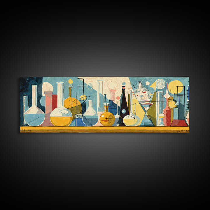 Modernist Laboratory Bottles And Beakers In Aqua Gold And Red Framed Canvas Print, Midcentury Modern Wall Art, Science Decor
