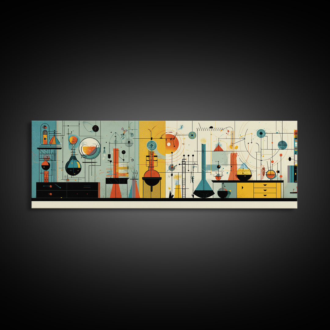 Atomic Science Instruments With Beakers Charts And Geometric Lines Canvas Print, Midcentury Modern Wall Art, Retro Lab Decor