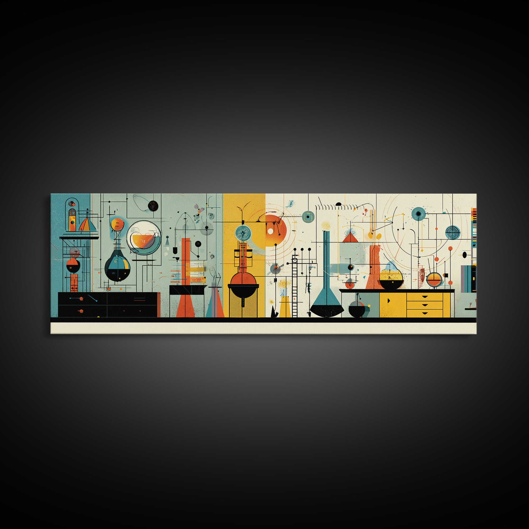 Atomic Science Instruments With Beakers Charts And Geometric Lines Canvas Print, Midcentury Modern Wall Art, Retro Lab Decor