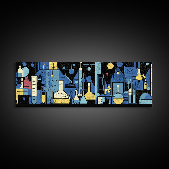 Blue Chemistry Laboratory Glassware Wall Art, Mid Century Modern Abstract Science Poster, Geometric Office Decor Print Set
