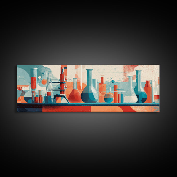 Teal And Coral Science Lab Framed Canvas Print, Mid Century Modern Chemistry Wall Art, Retro Abstract Office Decor Poster