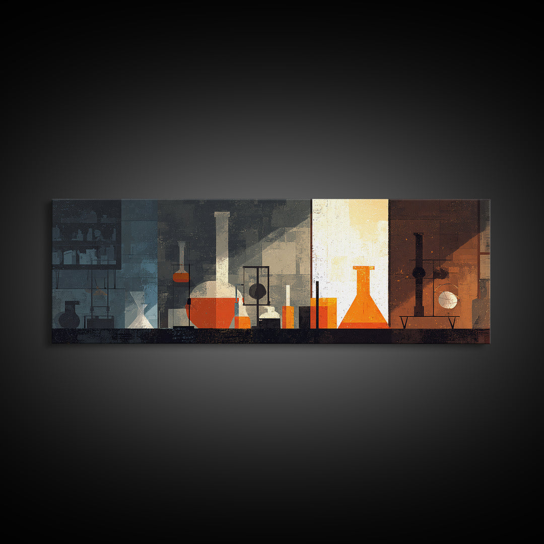 Moody Orange Laboratory Glassware Wall Art, Mid Century Modern Science Poster, Abstract Chemistry Office Decor Print For Lab