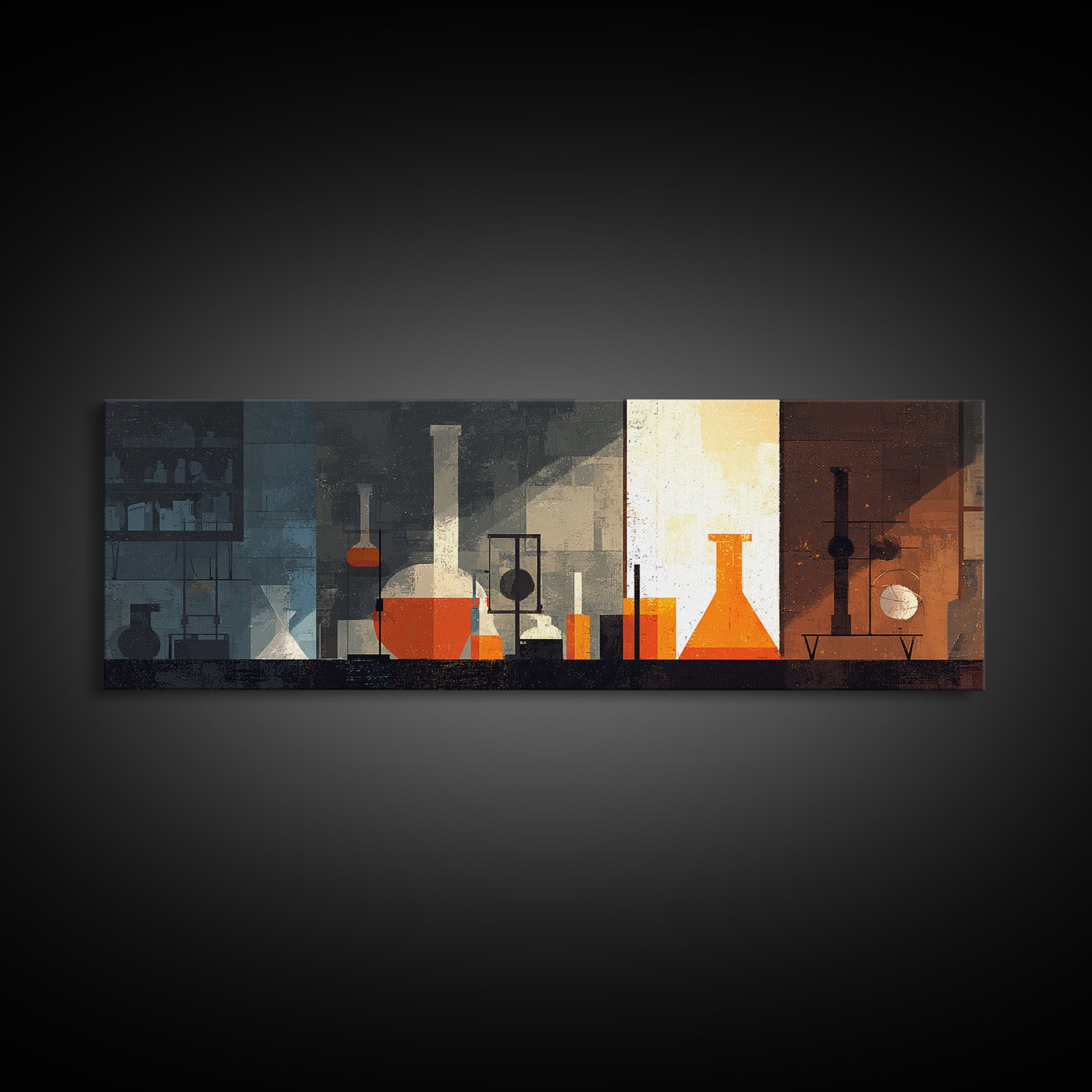 Moody Orange Laboratory Glassware Wall Art, Mid Century Modern Science Poster, Abstract Chemistry Office Decor Print For Lab