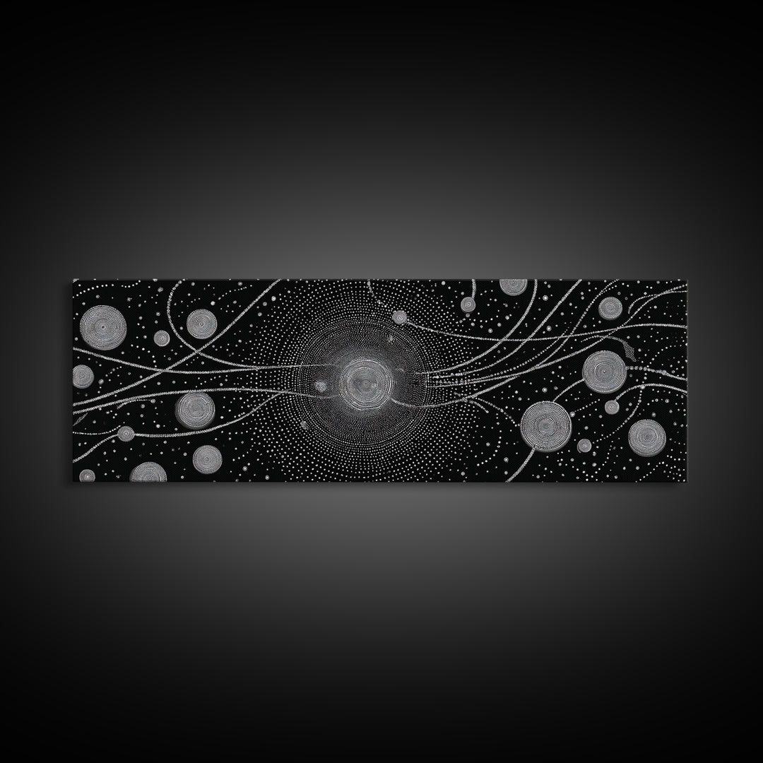 Black And White Particle Galaxy Framed Canvas Print, Modern Abstract Art, Sci Fi Space Wall Decor, Minimalist Office Poster