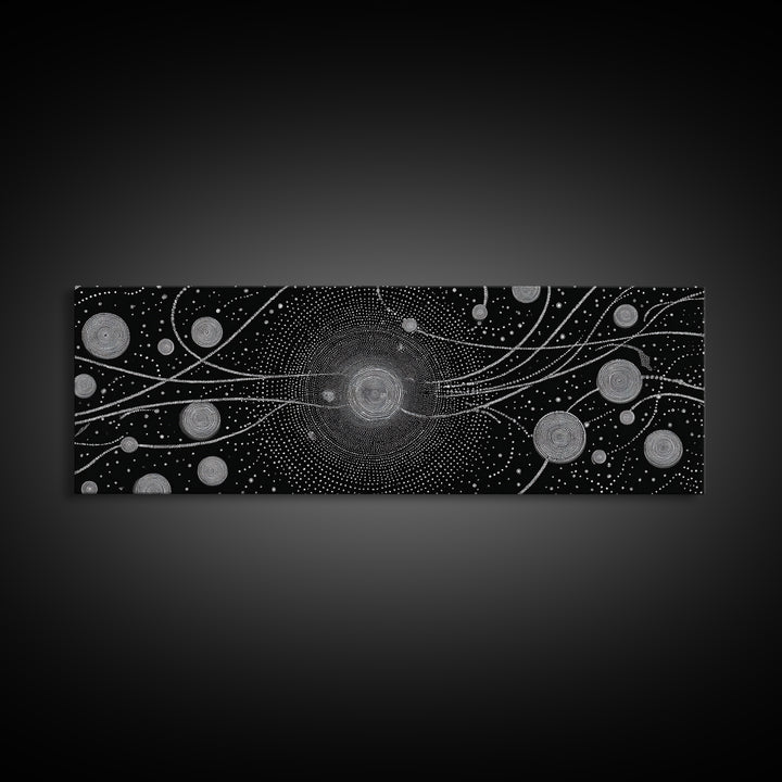 Black And White Particle Galaxy Framed Canvas Print, Modern Abstract Art, Sci Fi Space Wall Decor, Minimalist Office Poster