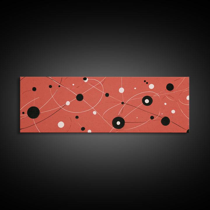 Coral Atomic Orbit Abstract With Black And White Dots, Midcentury Modern Wall Art, Retro Space Poster, MCM Home Decor, Large Canvas Print