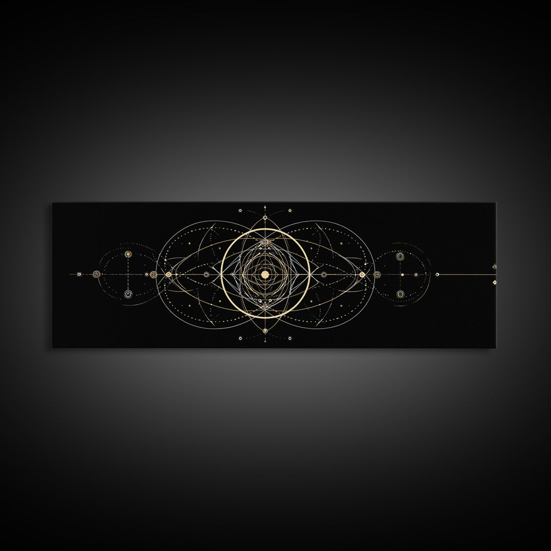 Gold Sacred Geometry Mandala On Black, Spiritual Wall Art, Modern Abstract Art Print, Celestial Framed Canvas Print, Home Decor